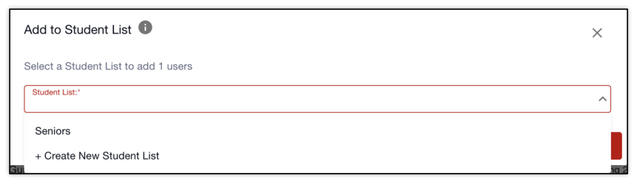 Image displays the window with drop down option to select existing or create a new Student List
