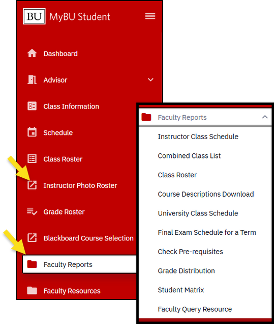 Left-side navigation menu, pointing to location of faculty reports