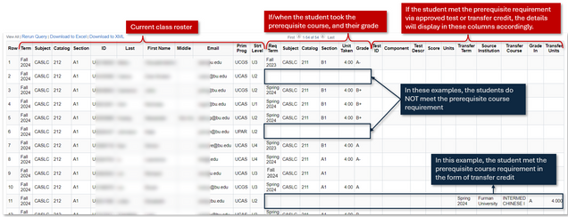 This image shows an example of the Pre-Req Report results.