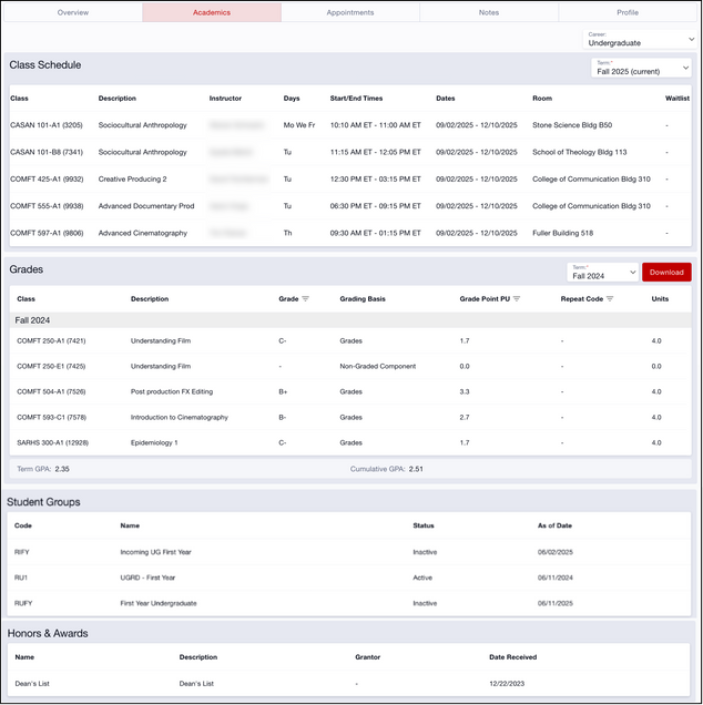 This image shows the full Academic Tab of the Student Details page.