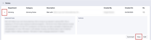 This image shows an expanded note, displaying the description and view button