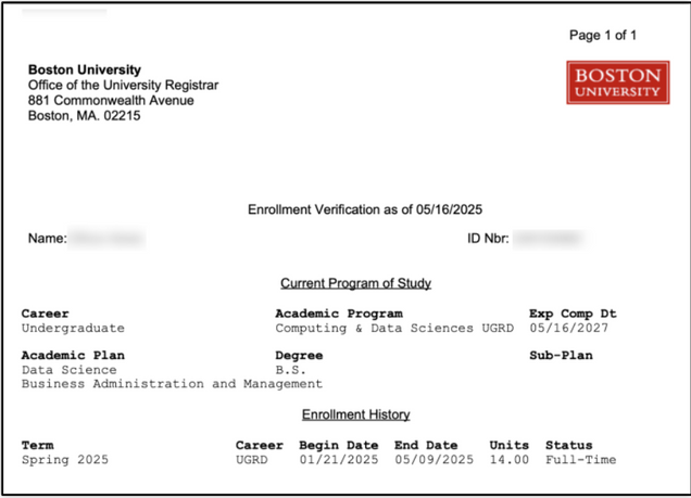 This image shows an example of a generated document verifying BU enrollment information, which can be printed or downloaded.