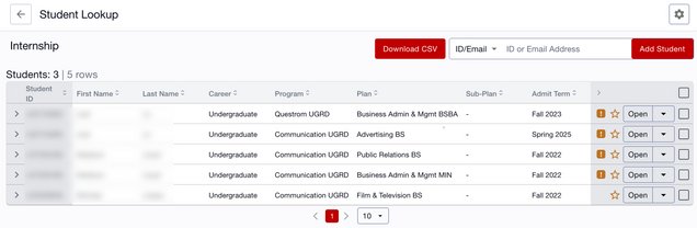 This image shows the list of students that display in a Student list