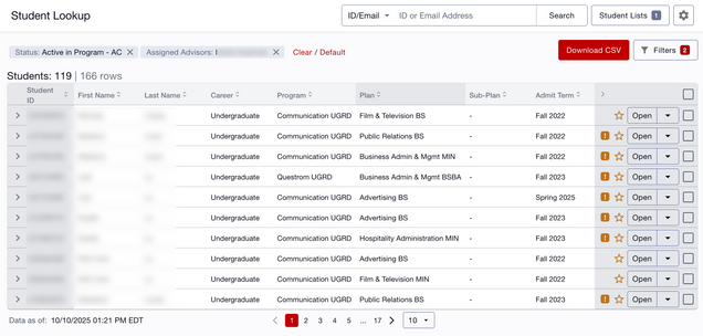 This image displays the Advisees & Student Lookup page with a list of compiled advisees
