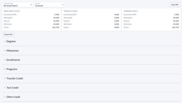 This image shows the initial summary data that is displayed on the unofficial transcript page, as well as dropdowns that can be expanded for additional details.