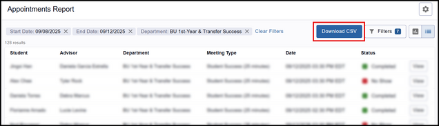 This image shows where to download a CSV file of Appointments Report data