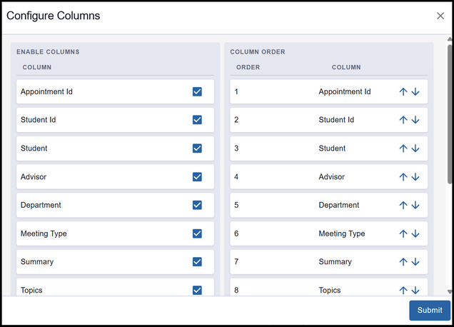 This image is a screenshot of the column configuration options for the CSV export.