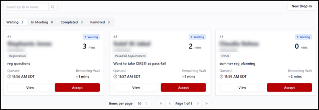 This image shows a screenshot of queued student reservations, with student personal data blurred out.