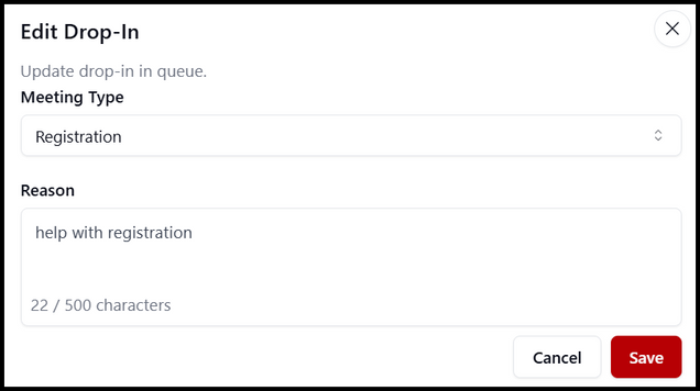 This image shows a screenshot of the dialogue box to edit a queue reservation.