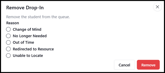 This image is a screenshot of the dialogue box to remove a drop-in reservation from the queue.