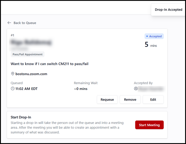 This image is a screenshot of a queue reservation details upon accepting the student.