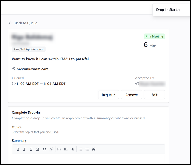 This image is a screenshot of a queue reservation details upon starting the meeting.