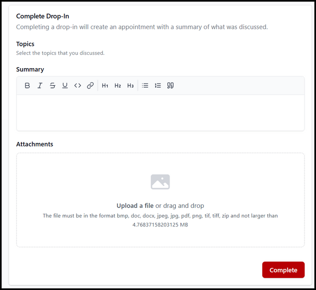 This image is a screenshot of the 'Complete Drop-In' section of a queue reservation.