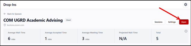 This image shows where to open the drop-in queue.
