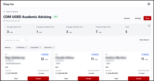 This image is a screenshot of an open drop-in queue, with student data blurred.