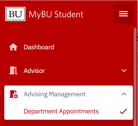 This image is a screenshot of the MyBU Student menu, highlighting the navigation to the Departments page.