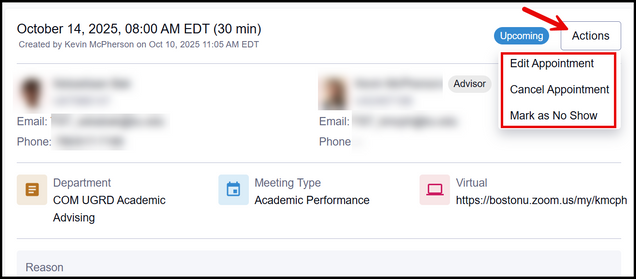 This image shows where to find appointment actions on an appointment's details page.