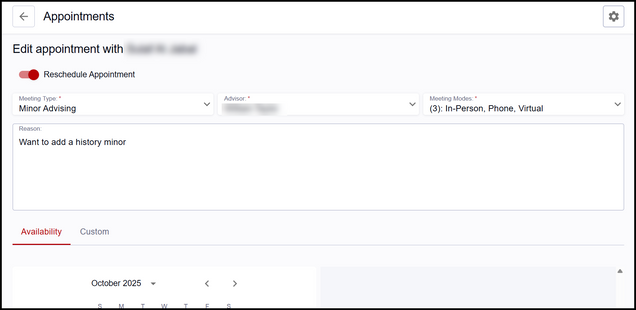 This image is a screenshot of the interface to edit an appointment, toggled to include the reschedule option.