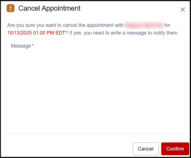 This image is a screenshot of the dialogue box used to cancel an appointment.
