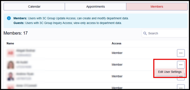 This image is a screenshot of the Members tab, showing where to edit an advisor's settings.