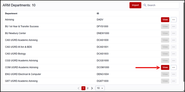 This image is a screenshot of the ARM Departments selection.