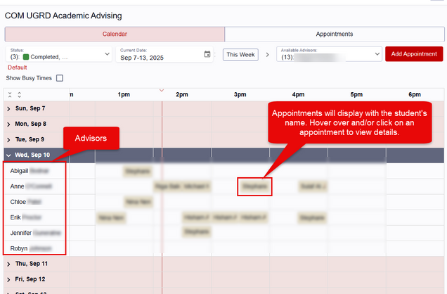 This image is a screenshot of the Calendar tab, with annotations describing the layout and personal data blurred.