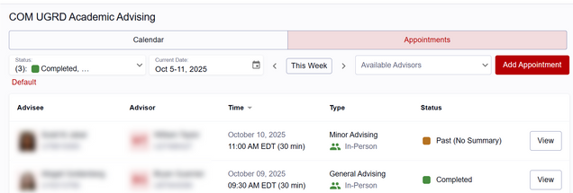 This image is a screenshot of the Appointments tab, with personal data blurred.
