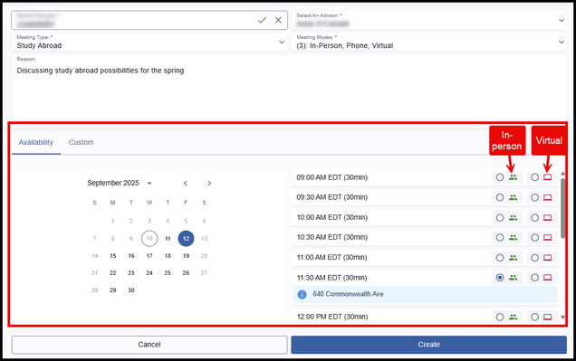 This image shows the 'Availability' tab used to schedule an appointment.