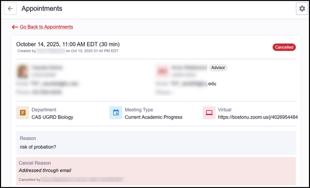 This image shows an example of a cancelled appointment.