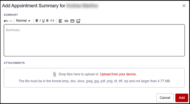This image shows an example of the 'Add Appointment Summary' dialogue box.