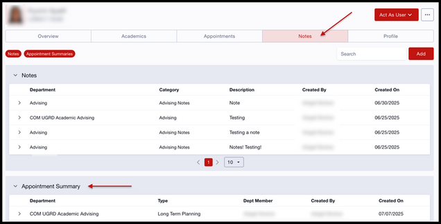 This image shows an example of the Notes tab on a student details page, highlighting the location of the Appointment Summary section.