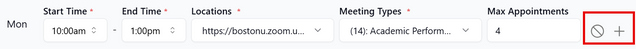 This image highlights the buttons to remove or add a schedule block for a particular day.