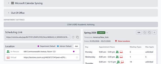 This image shows an example of an advisor's user settings with locations and schedule configured.
