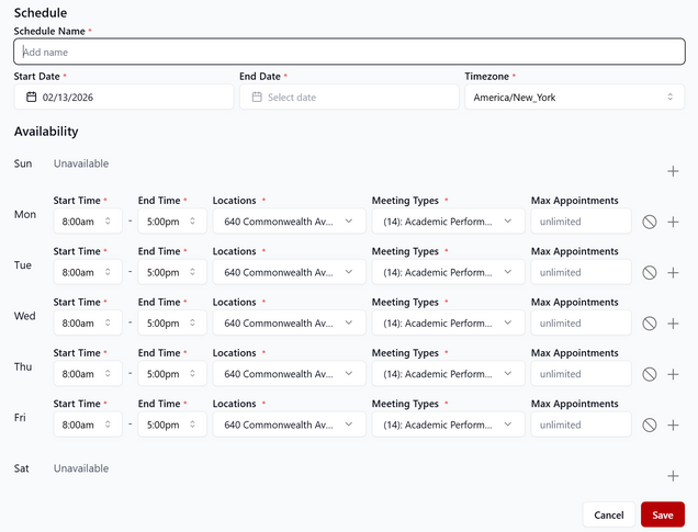 This image shows the window used to configure a schedule, with an example of departmental defaults applied.