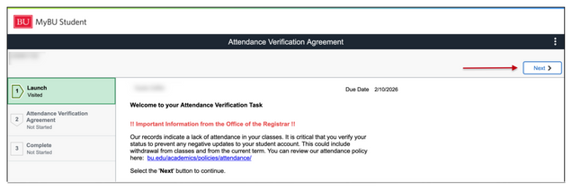 An Attendance Verification Agreement initial launch page, displaying due date and information for review and a Next button.