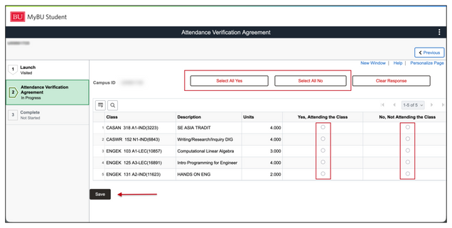 The main Attendance Verification Agreement page, displaying an enrolled classes list, attendance response options, and buttons to either Clear Responses or Save.