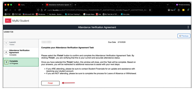 A final Attendance Verification Agreement page, displaying Completion information for review, and a Finish button to submit and complete the agreement.