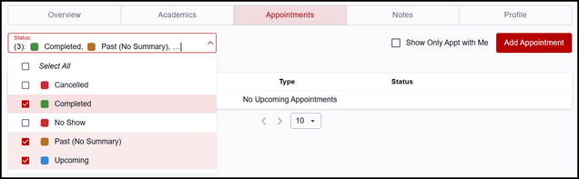 This image shows an example of the student details page Appointments tab, highlighting the appointment status filters.