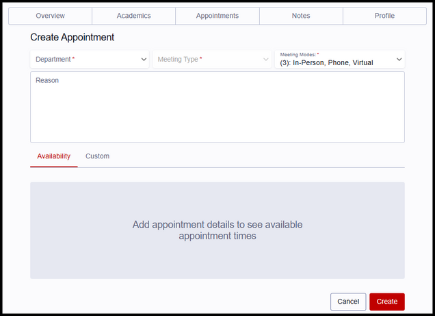 This image shows the Create Appointment screen.