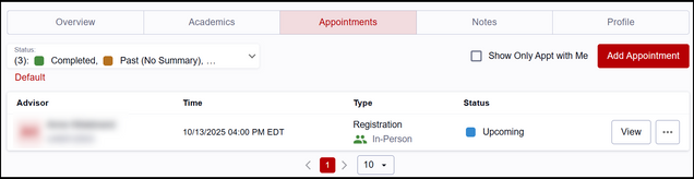 This image shows an example of a student details page Appointments tab with an upcoming appointment.