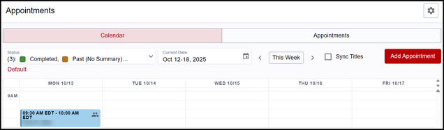This image shows an example of the Appointments page Calendar tab.