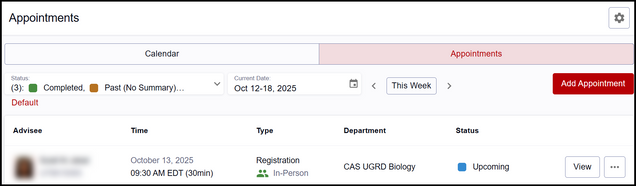 This image shows an example of the Appointments page Appointments tab (list view).