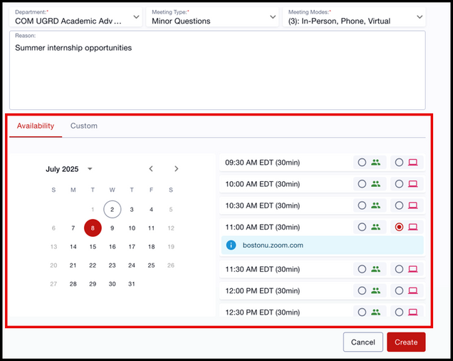 This image shows an example of the appointment creation screen, highlighting the Availability tab.