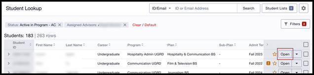 This image shows an example of the Student Lookup page, highlighting where to open Student Details.