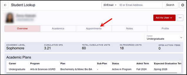 This image shows an example of a student details page, highlighting where to find the Appointments tab.