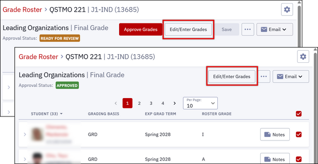 Example of grade roster in 'Ready for Review' status, highlighting the 'Edit/Enter Grades' button