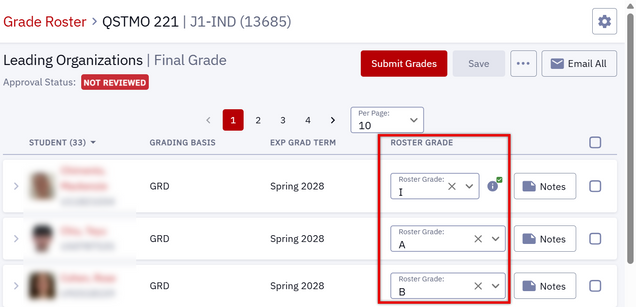 Example of Grade Roster in 'Not Reviewed' status, highlighting Roster Grade column, where grades can be modified.