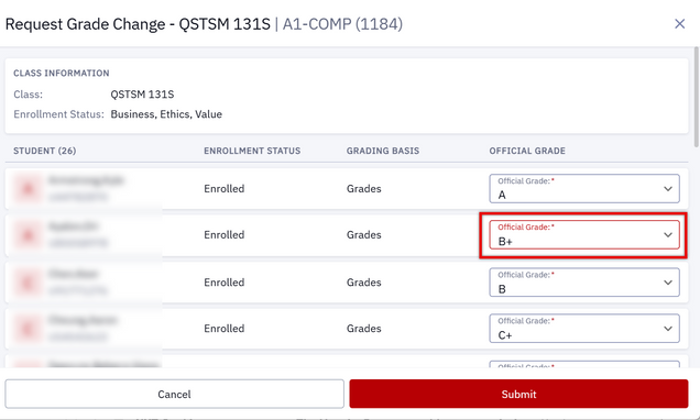 Example of 'Request Grade Change' page, highlighting sample grade input.