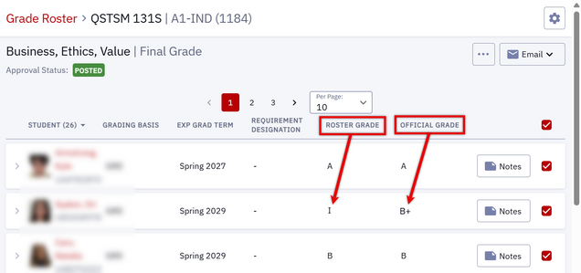 Example of posted grade roster highlighting a changed official grade.