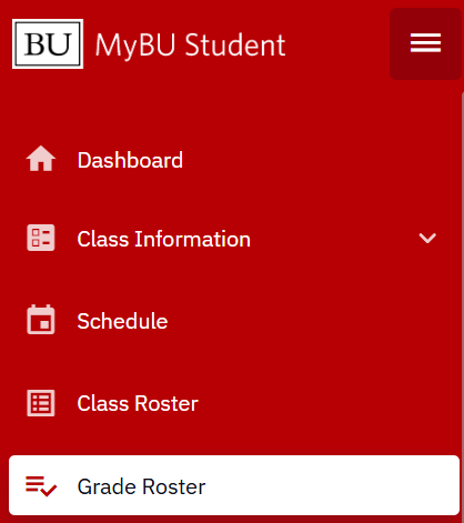 MyBU Student menu: Grade Roster.